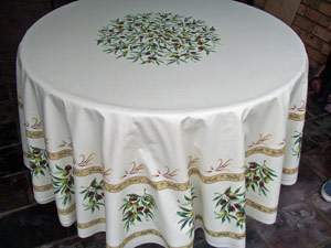 Beige round tablecloth acrylic coated olive design