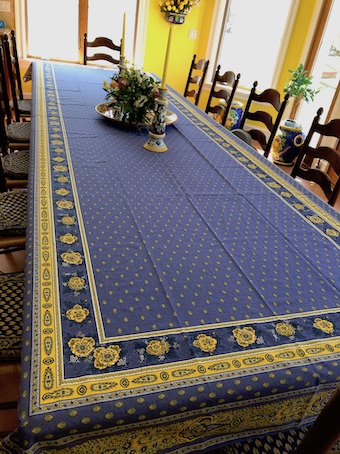 blue and gold provencal tablecloth with contrasting border