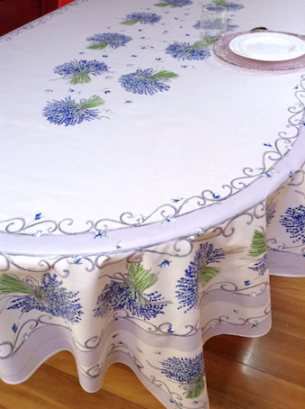 8 seater coated oval tablecloth with lavender design