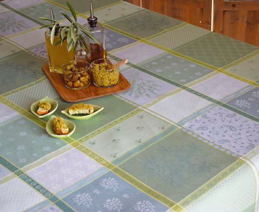 soft green teflon treated jacquard tablecloth from Provence