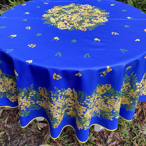 70in round acrylic coated french tablecloth with mimosa designs
