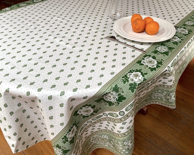 green and white french provincial large coated tablecloth