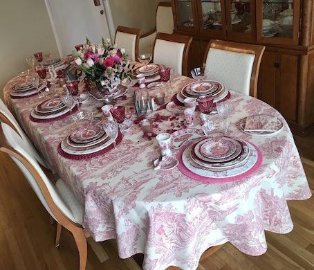 Large pink toile de Jouy tablecloth