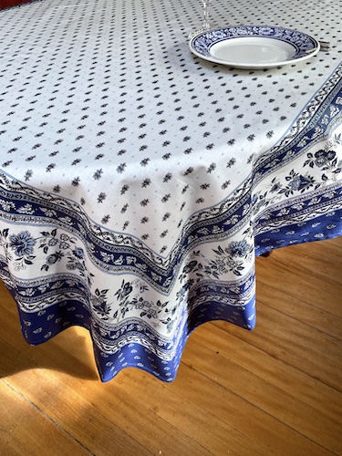 blue and white provencal coated tablecloth