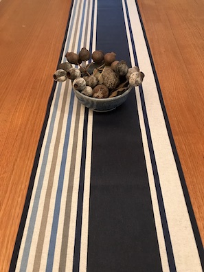 coated table runner in navy tones