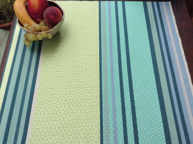 blue and green coated tablecloth