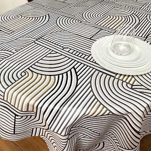 acrylic coated french tablecloth seats 8 with geometrical designs